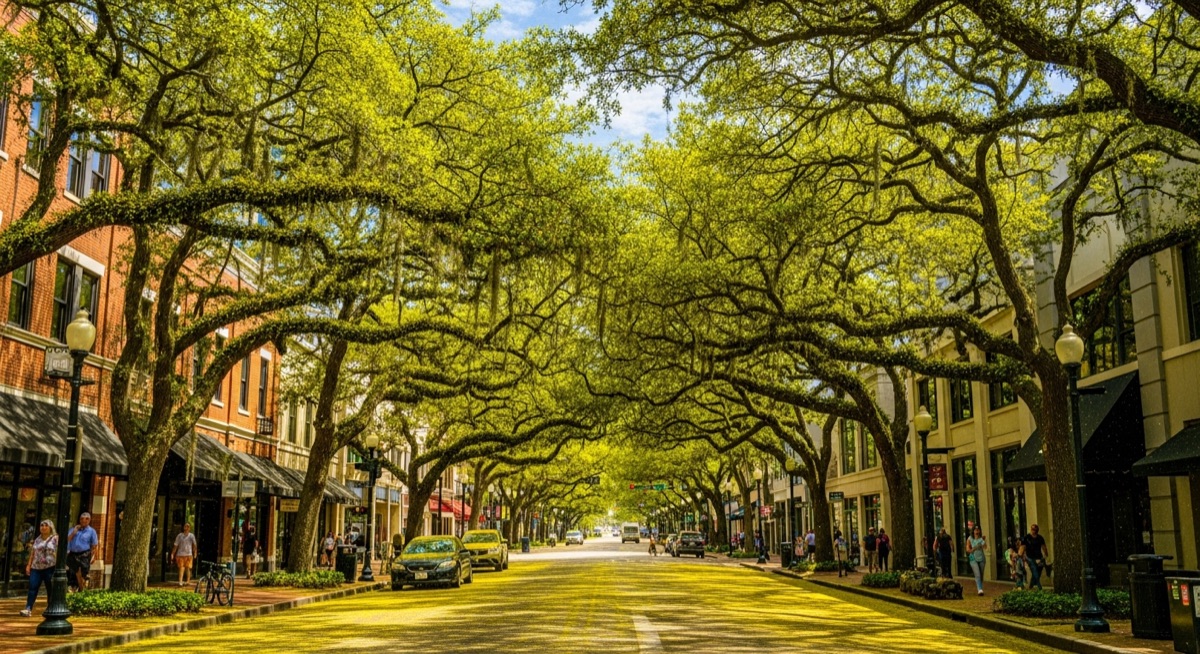 Mature live oak trees lining downtown Orlando street during peak pollen season