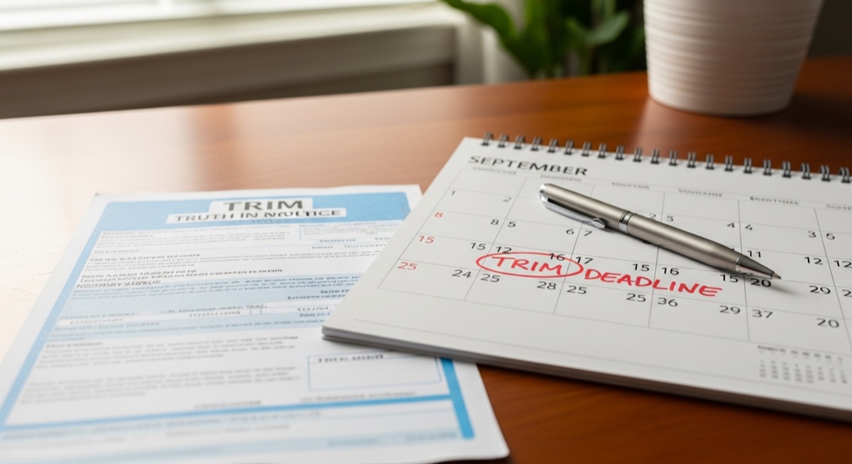 Property tax TRIM notice document with calendar showing September deadline marked