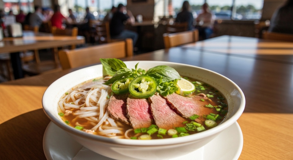 Vietnamese pho bowl with rice noodles, rare beef, and fragrant broth at an Orlando Mills 50 restaurant