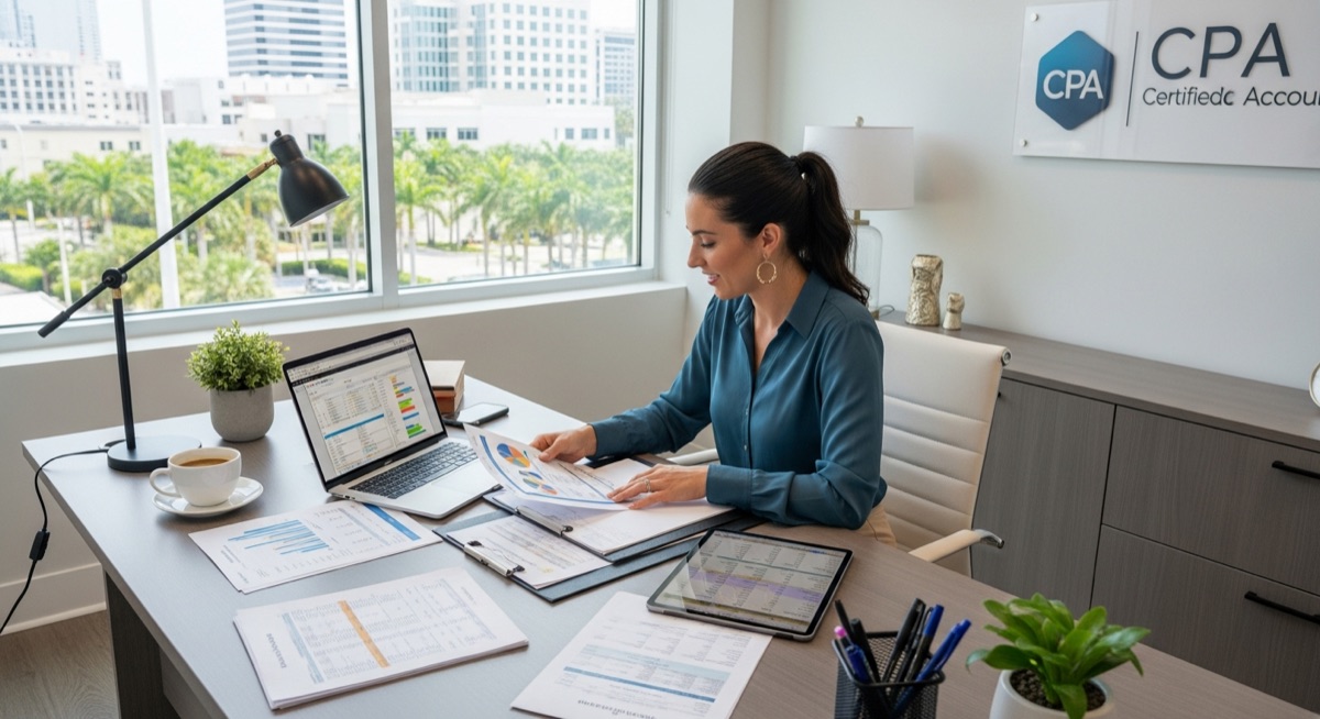 CPA and small business owner reviewing financial documents and accounting software in modern Orlando office