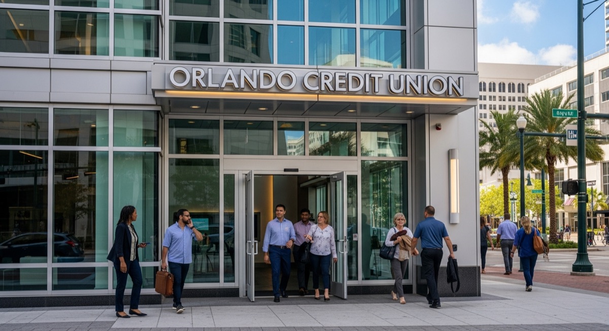 Credit union branch entrance in downtown Orlando with customers entering for financial services