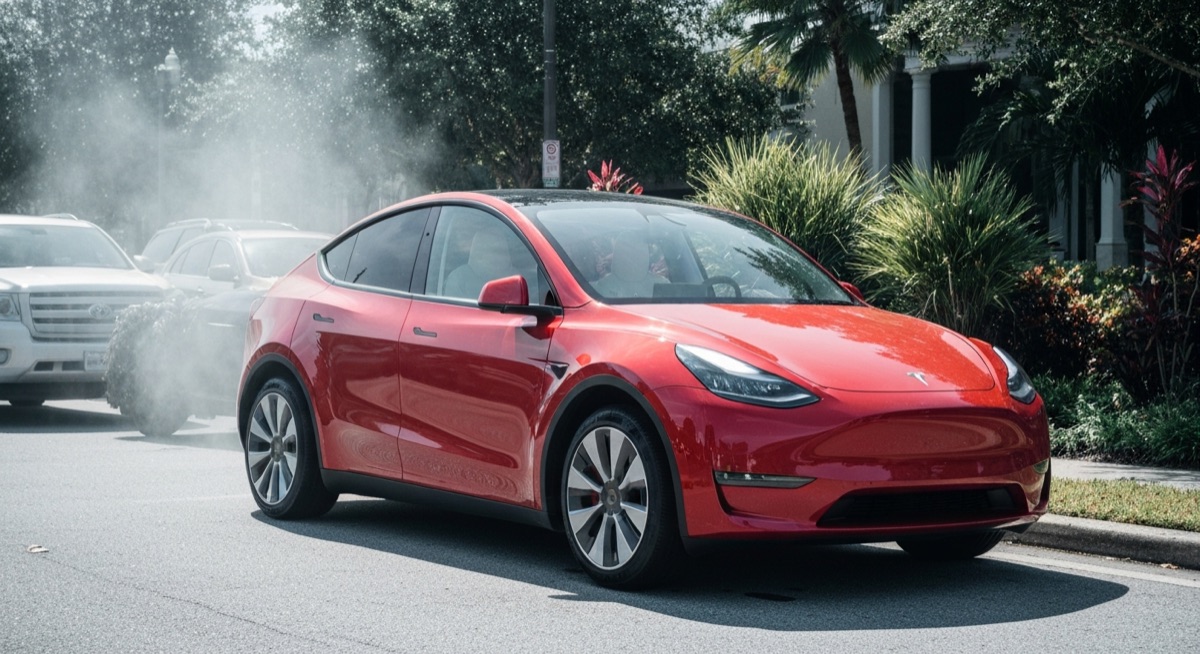 Tesla Model Y parked in Orlando summer heat under bright midday sun