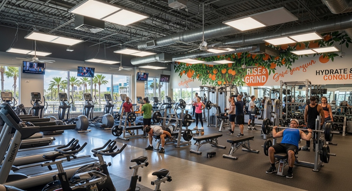 Orlando gym interior with cardio machines, weights, and members exercising