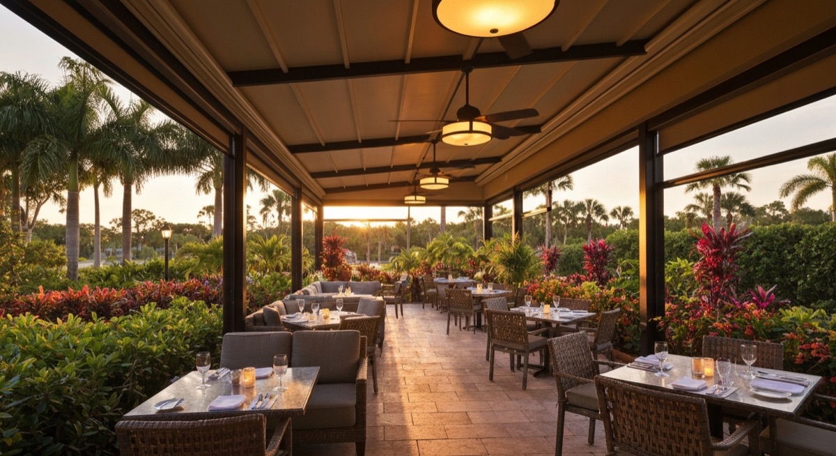 Summer dining patio in Orlando with covered roof, outdoor seating, and tropical landscaping during late afternoon