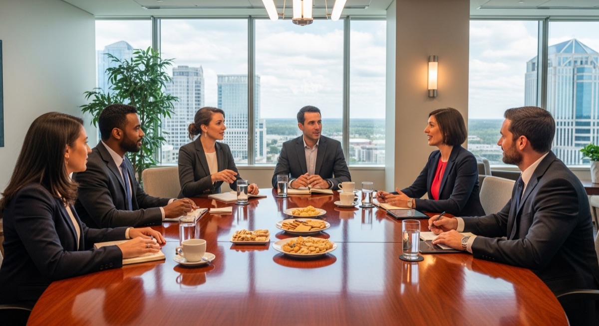 Business professionals networking at roundtable meeting in downtown Orlando office