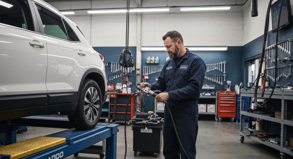 Automotive technician performing car AC refrigerant recharge on vehicle in Orlando shop