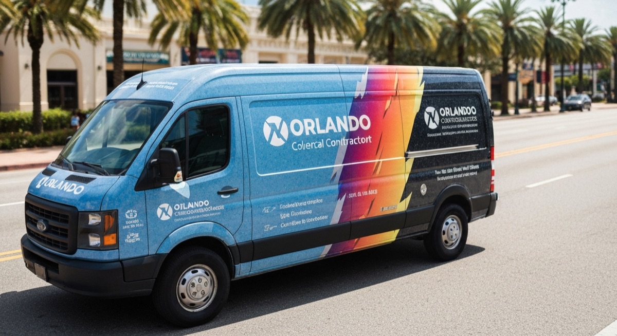 Commercial contractor van with full vinyl wrap displaying company branding, parked in Orlando sunlight