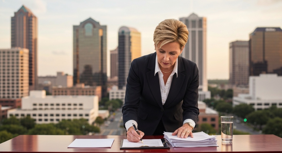 Commercial real estate broker reviewing Orlando lease documents with downtown office buildings in background