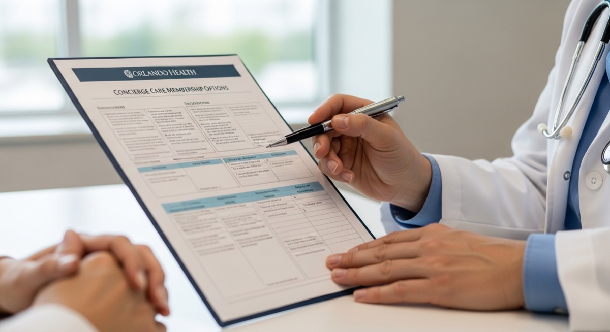 Doctor's hands holding patient's chart, discussing concierge care membership options in Orlando medical office