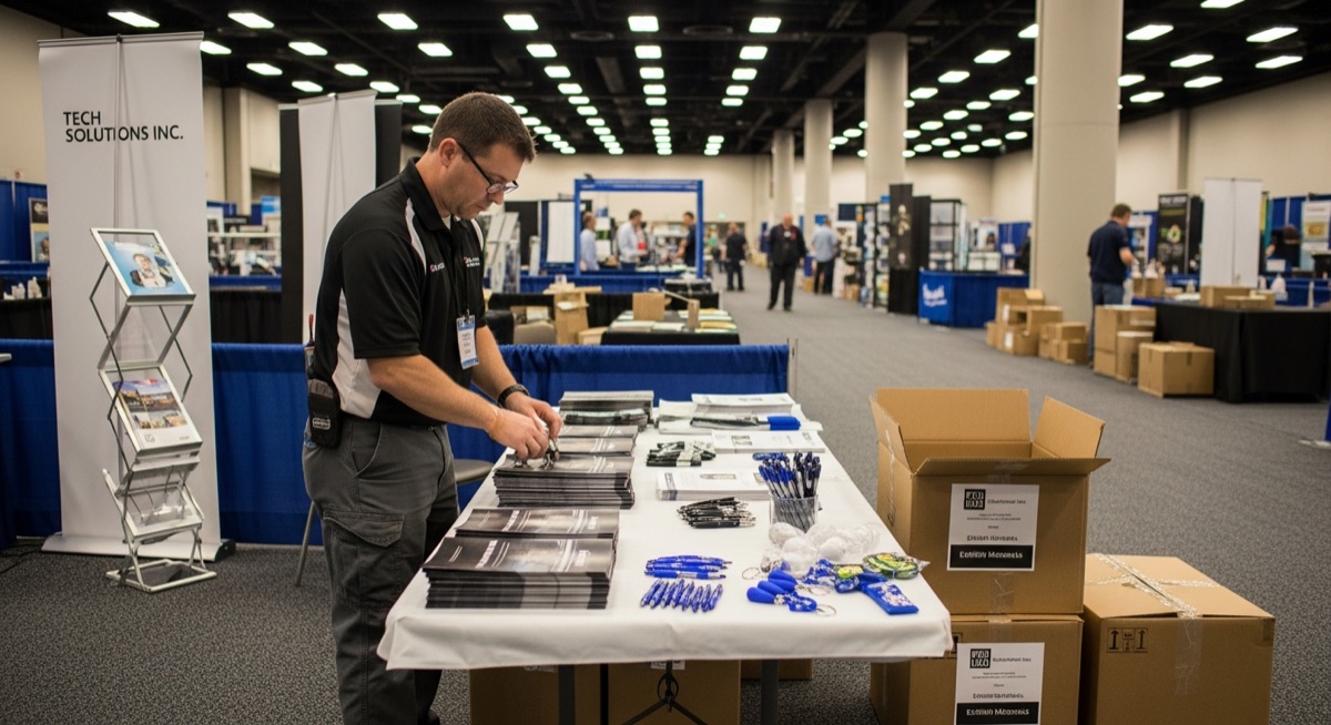 Orange County Convention Center vendor preparing materials for trade show booth setup