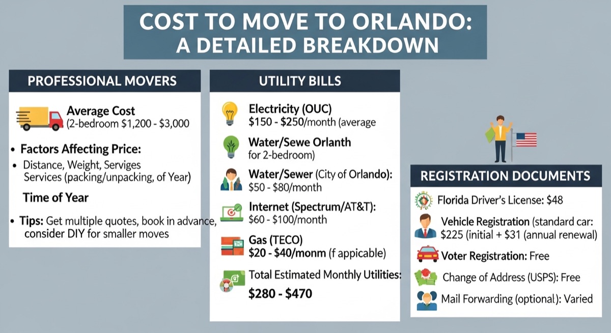 Cost to move to Orlando breakdown with movers, utility bills, and registration documents
