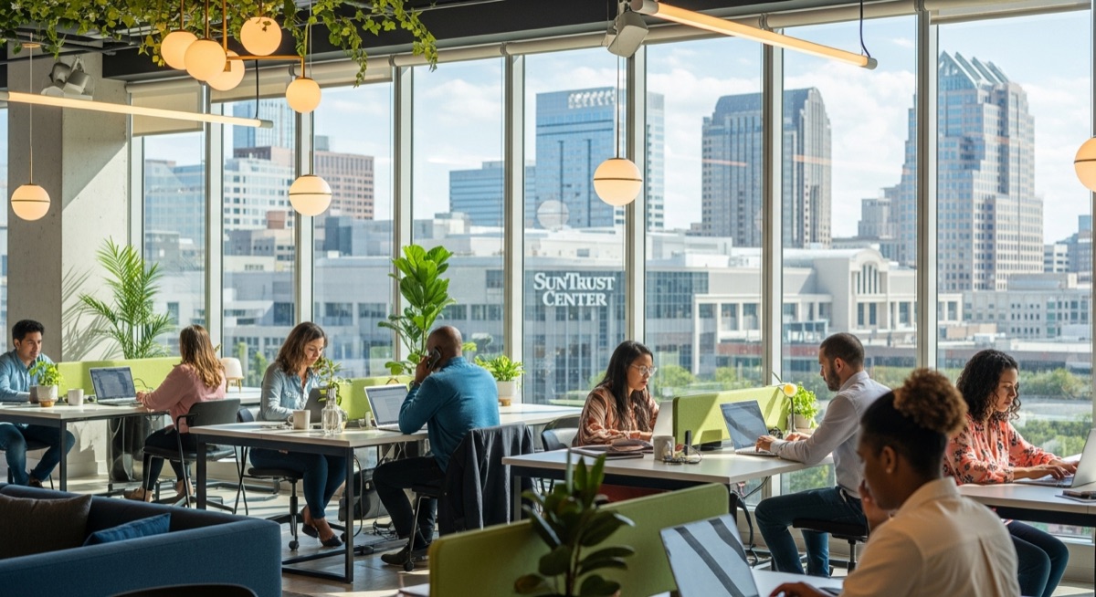 Professionals working at desks in modern coworking space with natural light, Orlando downtown skyline visible through windows