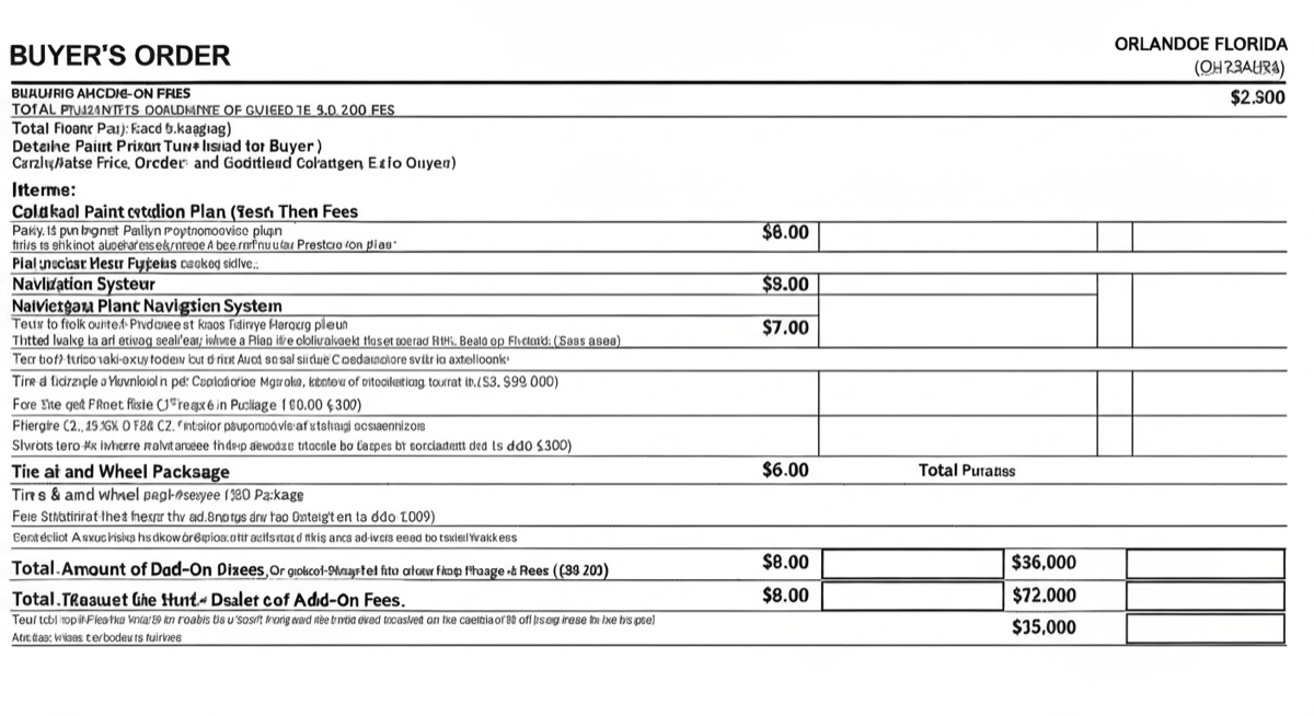 Dealer add-on fees itemized on buyer's order at Orlando Florida car dealership