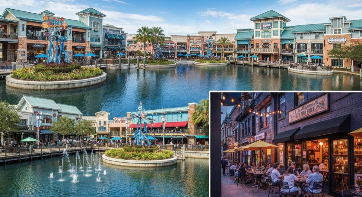 Waterfront dining setting Disney Springs compared Orlando neighborhood restaurant scenes