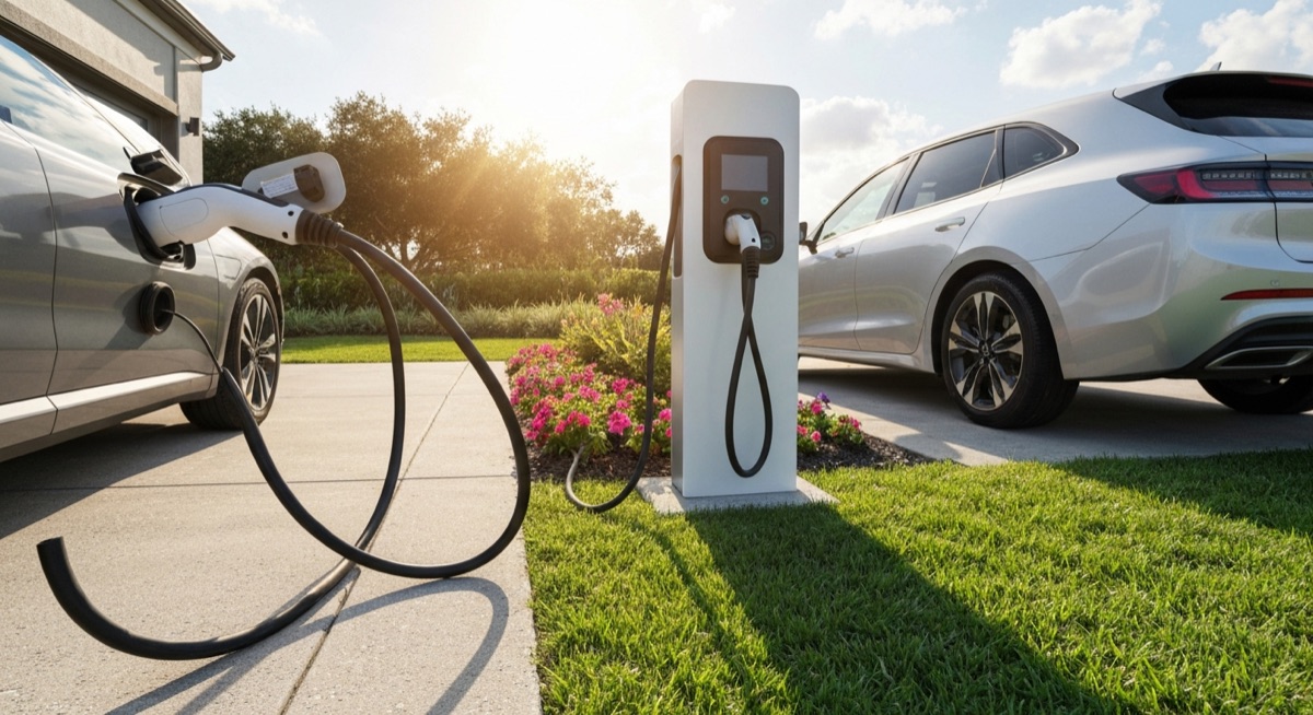 Electric vehicle charging station with home charger cable connected in sunny Orlando driveway