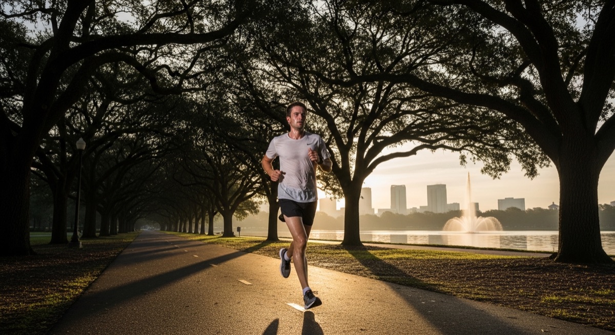 Runner exercising on shaded Lake Eola trail at dawn in Orlando heat