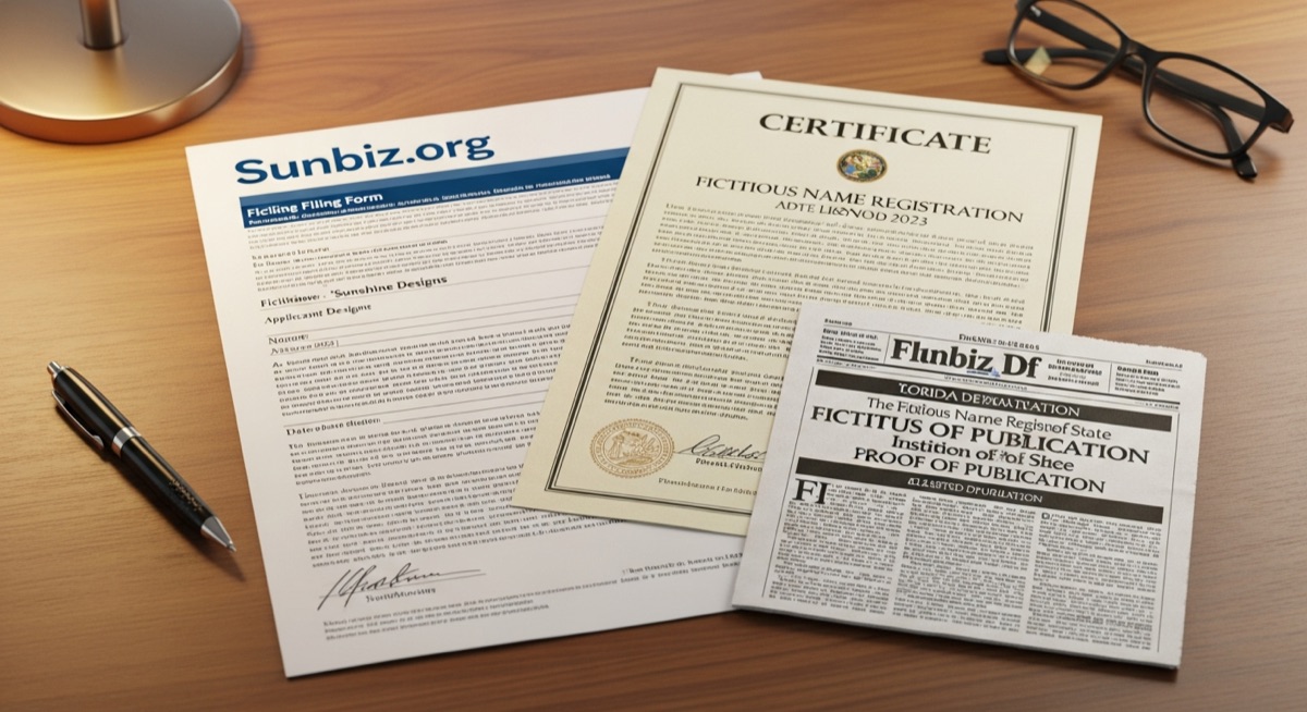 Fictitious name registration document with Florida Sunbiz.org filing form and newspaper publication proof