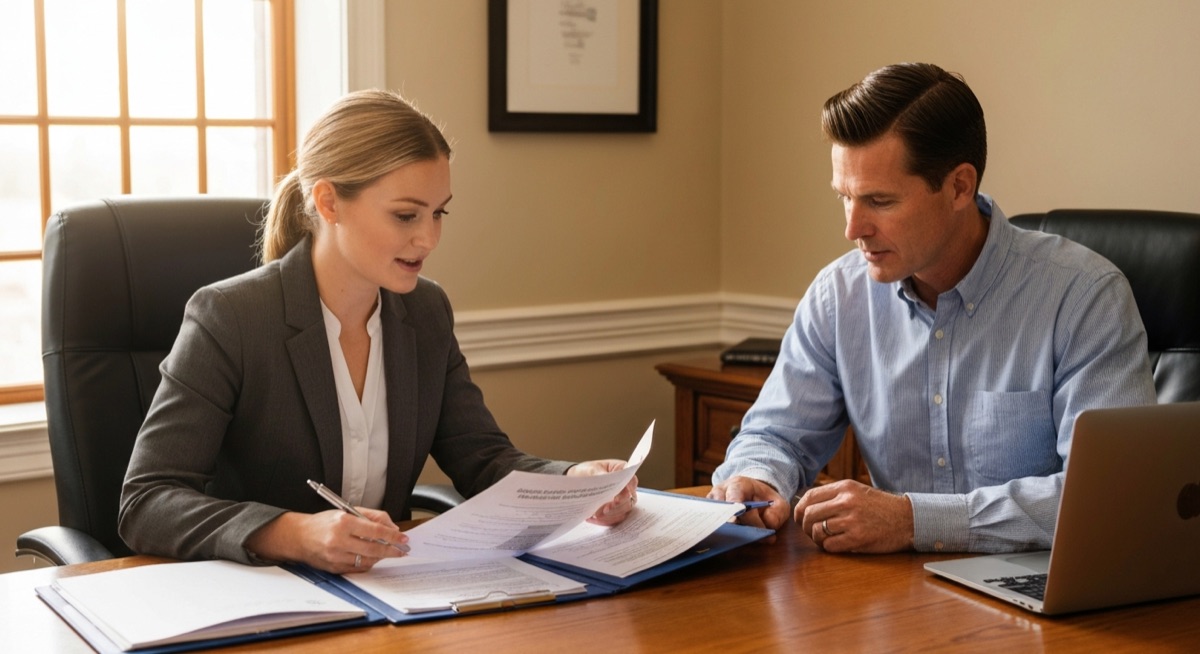 Financial advisor and client reviewing documents at desk, discussing fiduciary standards