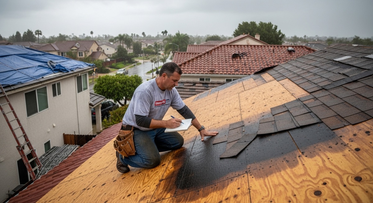 Licensed contractor reviewing roof damage on Orange County home after storm
