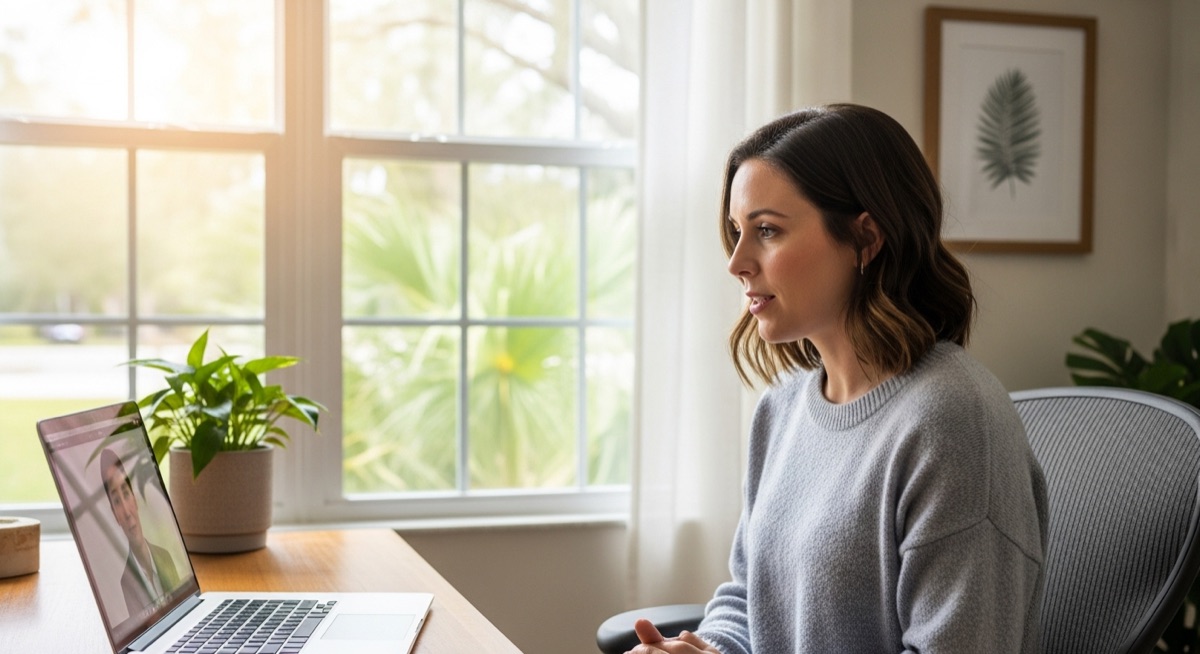 Woman in video therapy session on laptop in Orlando home office discussing mental health with therapist