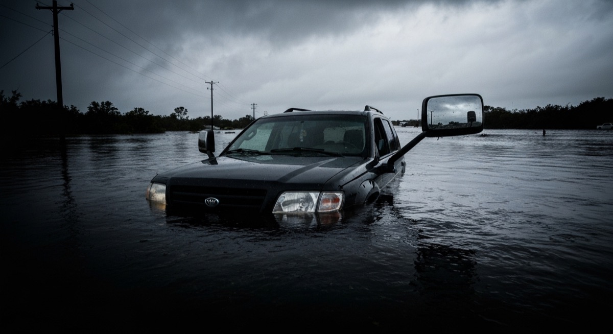 Flooded vehicle partially submerged in murky water during hurricane storm surge near Orlando
