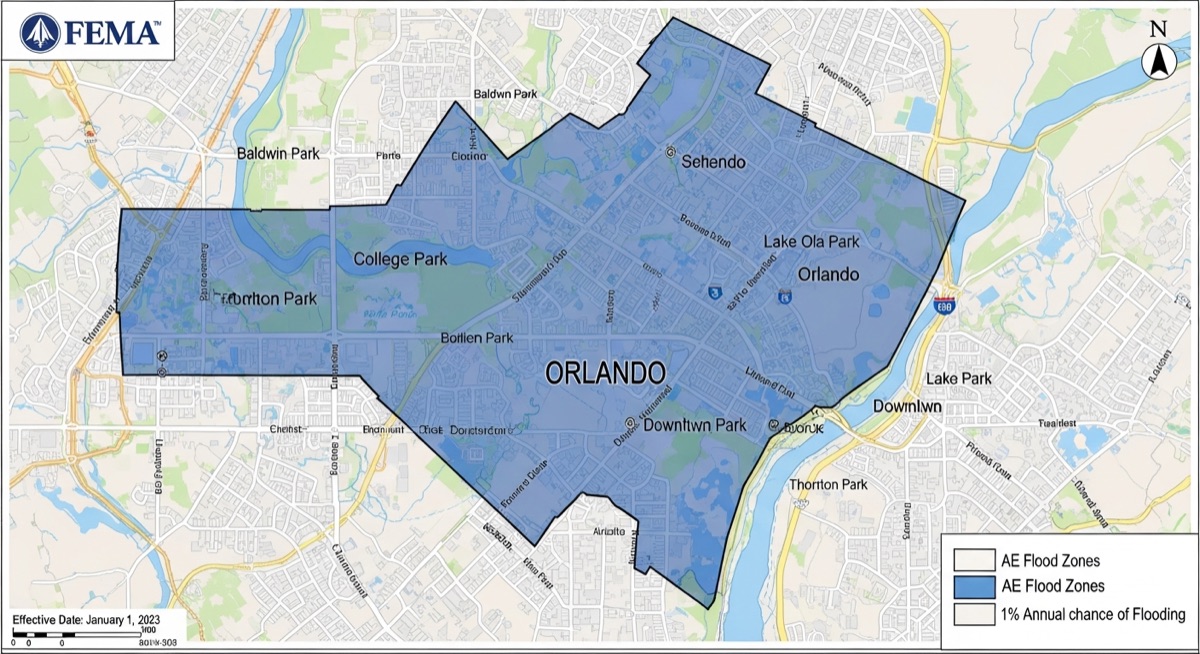 FEMA flood zone map showing AE Special Flood Hazard Areas in Orlando Florida neighborhoods