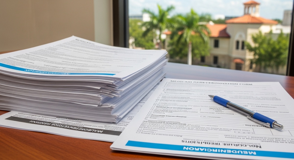 Florida Medicaid redetermination documents and application forms on a desk in Orlando office