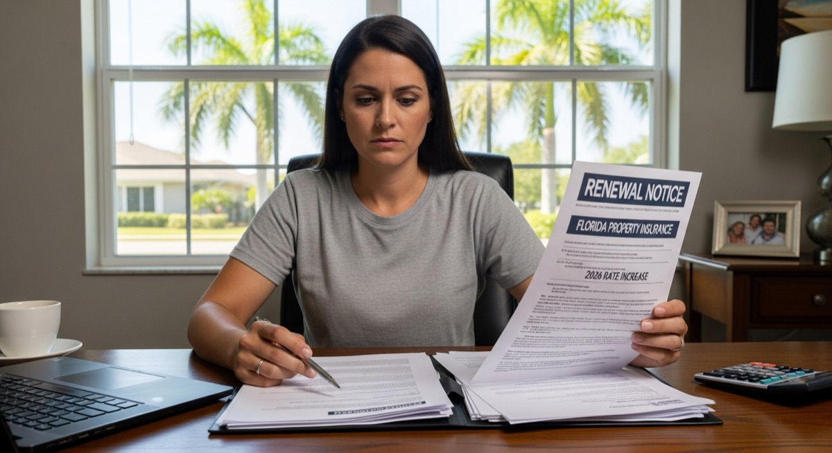 Florida property insurance rate increase 2026: homeowner reviewing insurance documents in Orlando home office with renewal notice