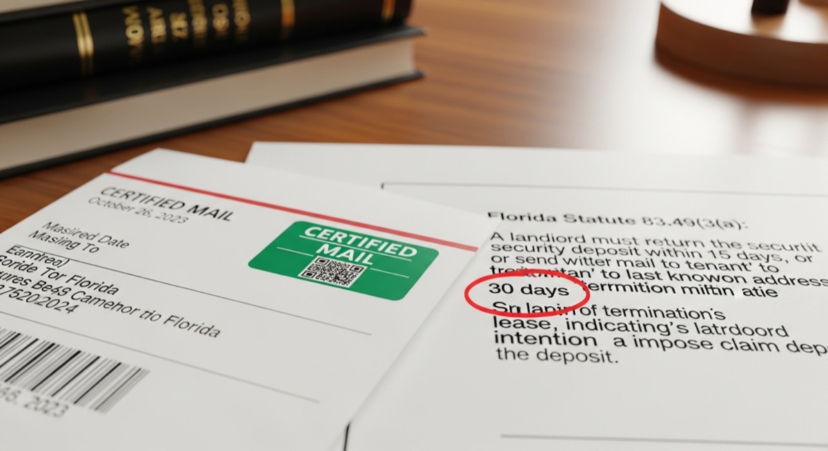 Florida security deposit law showing 30-day certified mail notice requirement for landlords