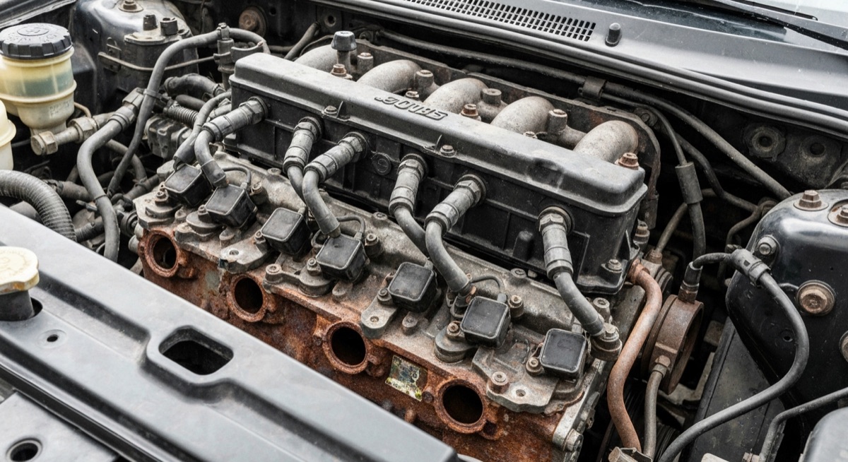 Car engine components showing corrosion and heat damage from Florida summer heat