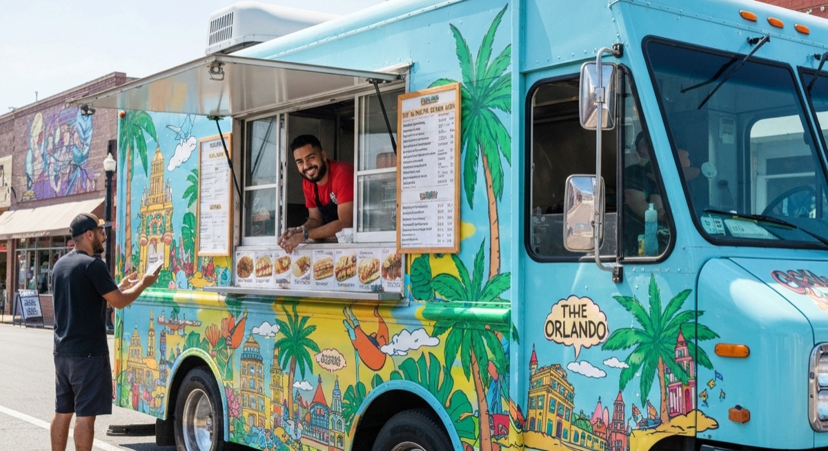 Food truck with serving window set up for service in Orlando street location