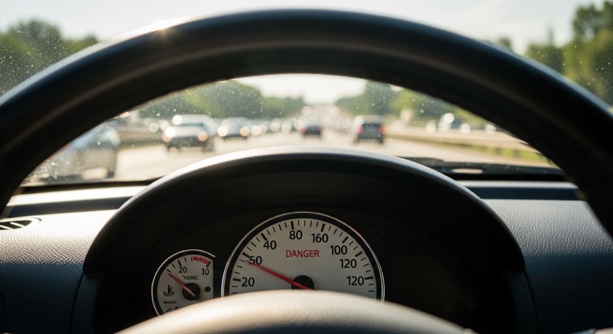 car dashboard temperature gauge rising during summer road trip traffic