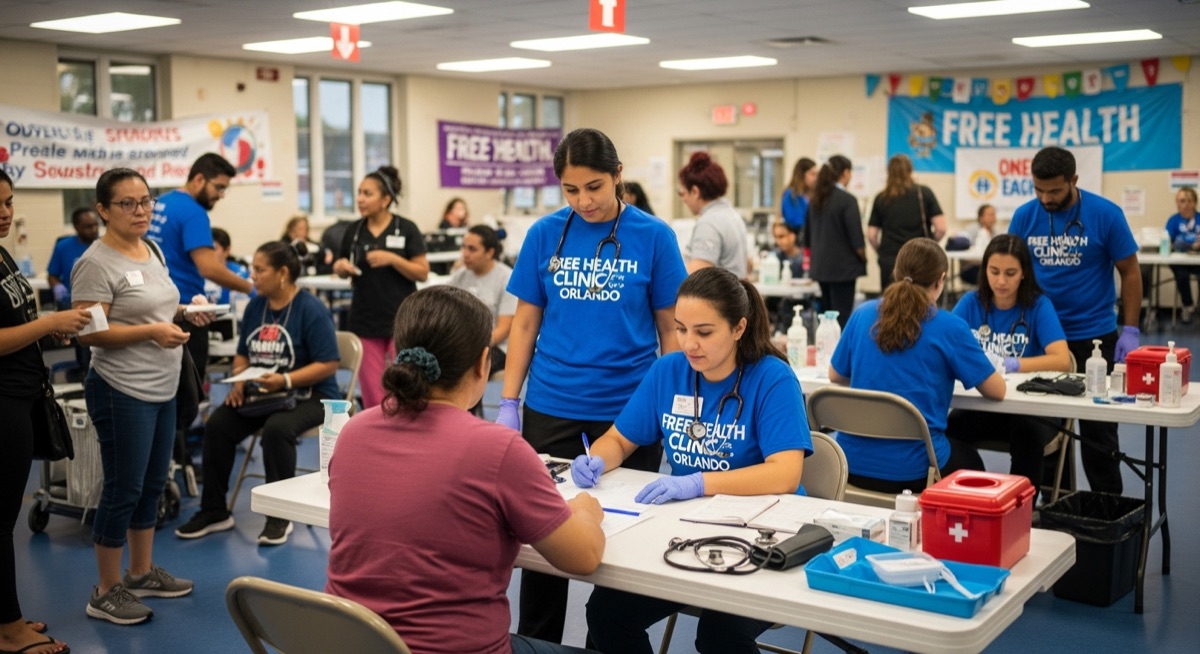 Free health clinic Orlando staff registering uninsured patient at evening community health session
