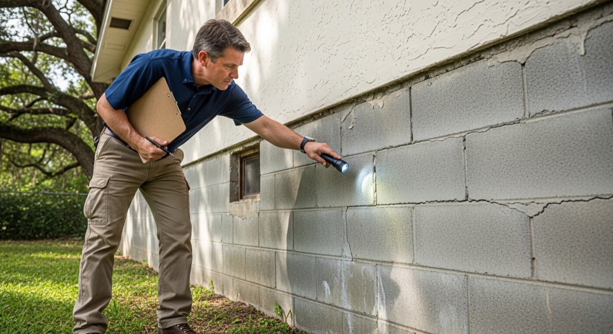 Home inspector with clipboard examining foundation walls and concrete block construction of Orlando residential home