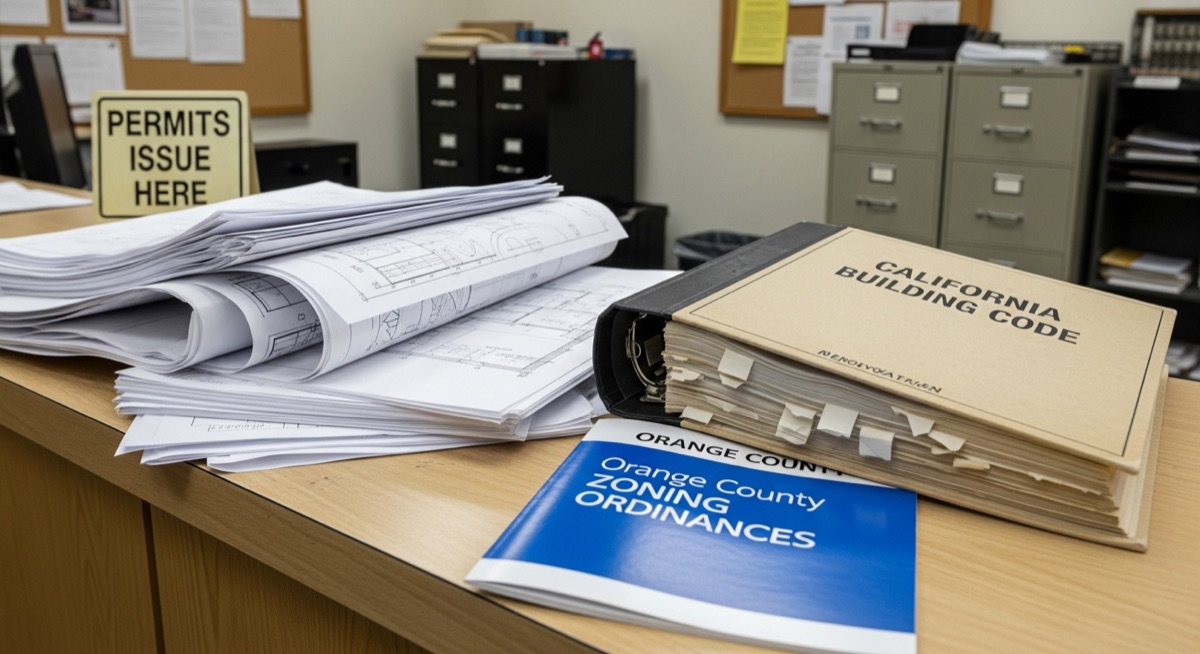 Orange County permit office counter with renovation project documents and building codes