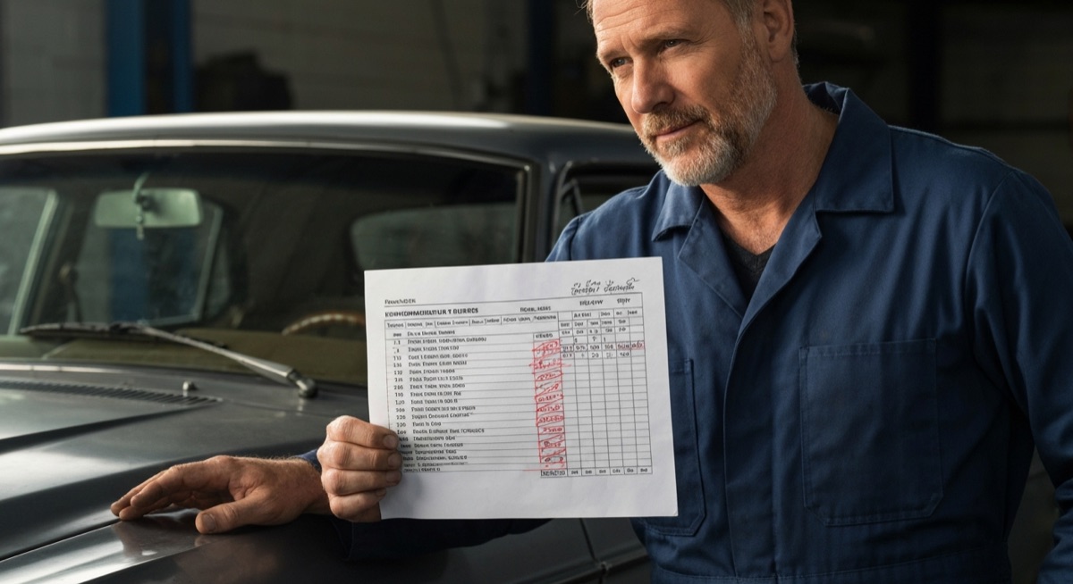 Auto repair mechanic holding itemized invoice next to vehicle showing disputed repair charges