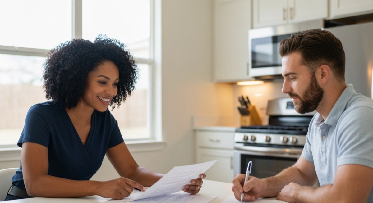 Buyer's agent and client reviewing home listing documents at kitchen table in Orlando home