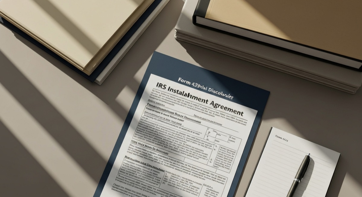 IRS installment agreement and Form 433-A financial disclosure documents on desk
