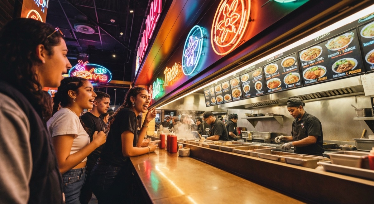 Late-night food counter in Orlando with customers ordering tacos and ramen under neon signage