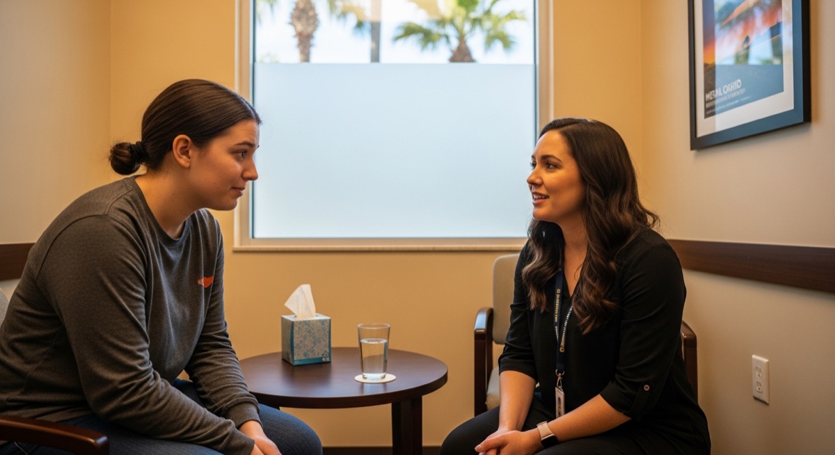 Mental health crisis counselor assisting person during behavioral emergency in Orlando clinic setting