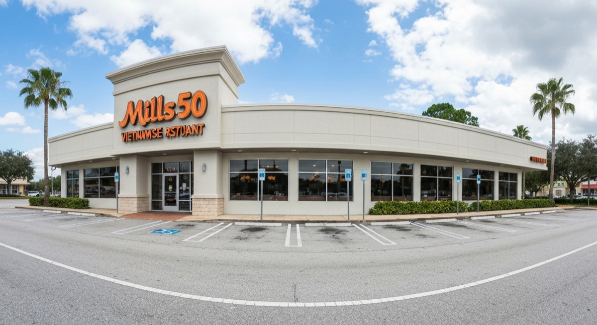 Mills 50 Vietnamese restaurant exterior on E. Colonial Drive Orlando with signage