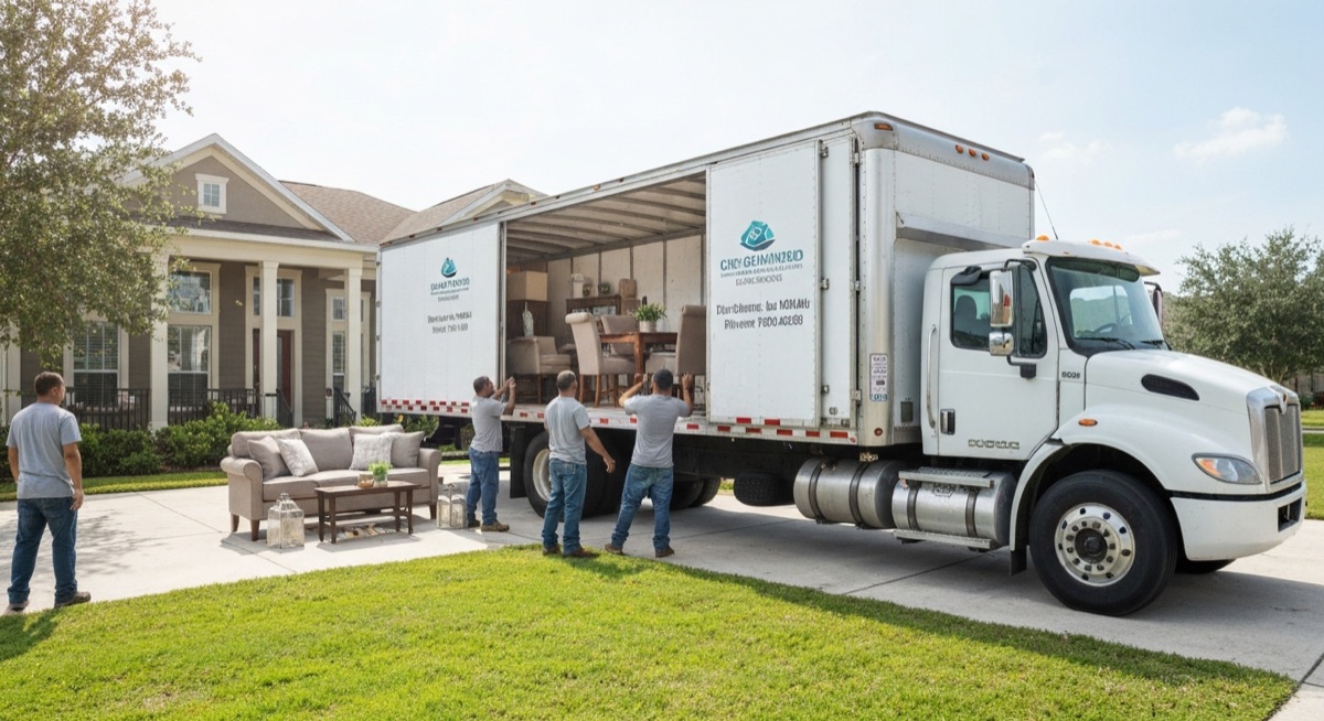 Moving company employees loading furniture into truck outside Orlando residential home