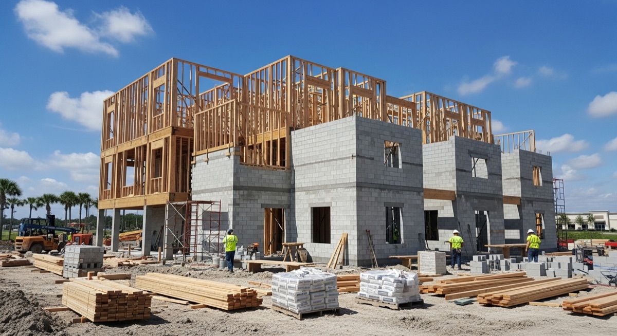 Orlando new construction site with framing and CMU block structure during active build phase