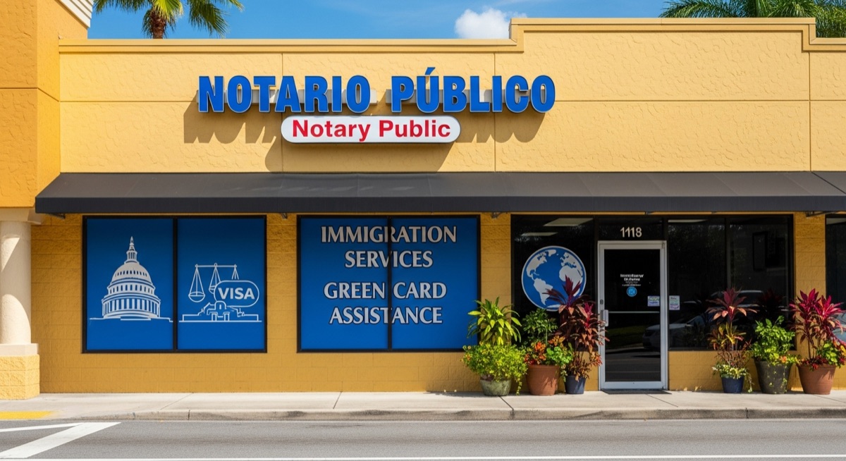 Storefront on Semoran Boulevard with notario público signage and immigration services advertising