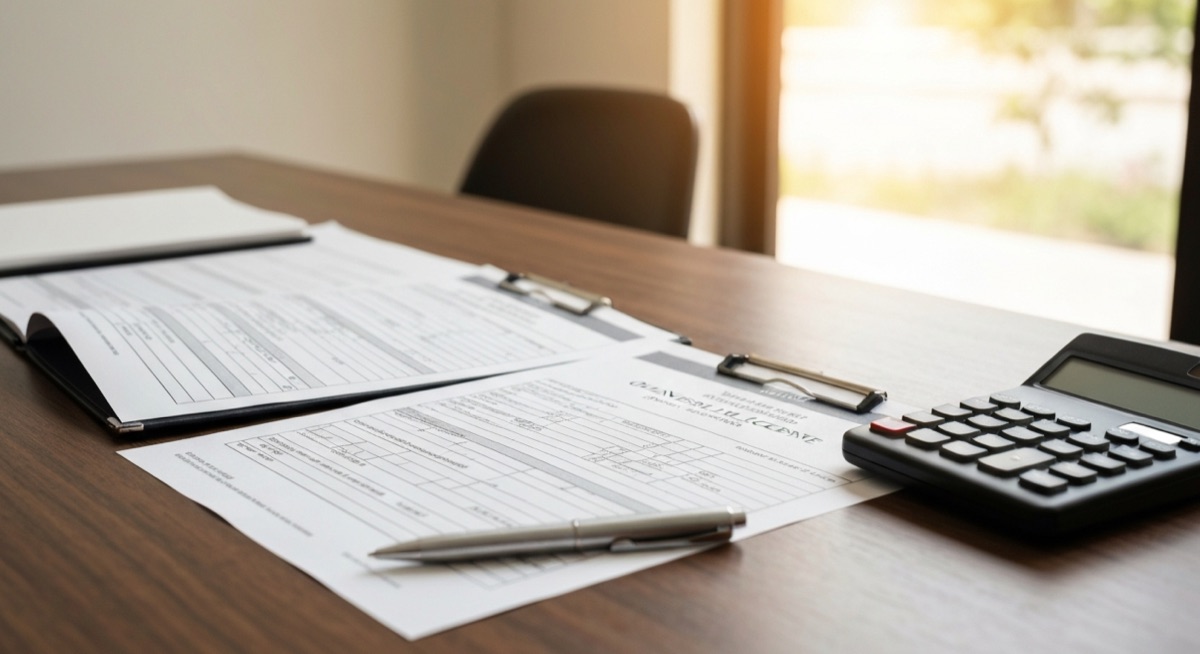 Business license Orange County application forms with pen and calculator on desk
