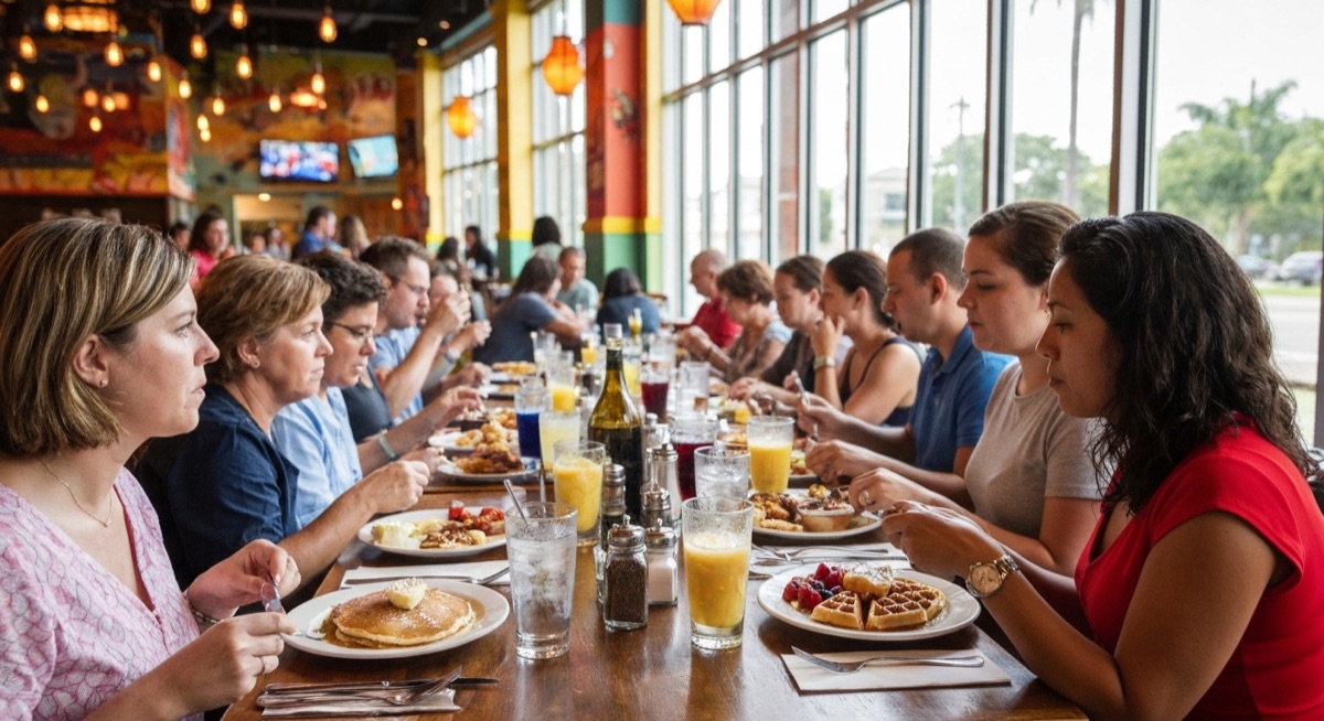 Brunch table at crowded Orlando restaurant with morning light through windows, Orlando brunch no reservation