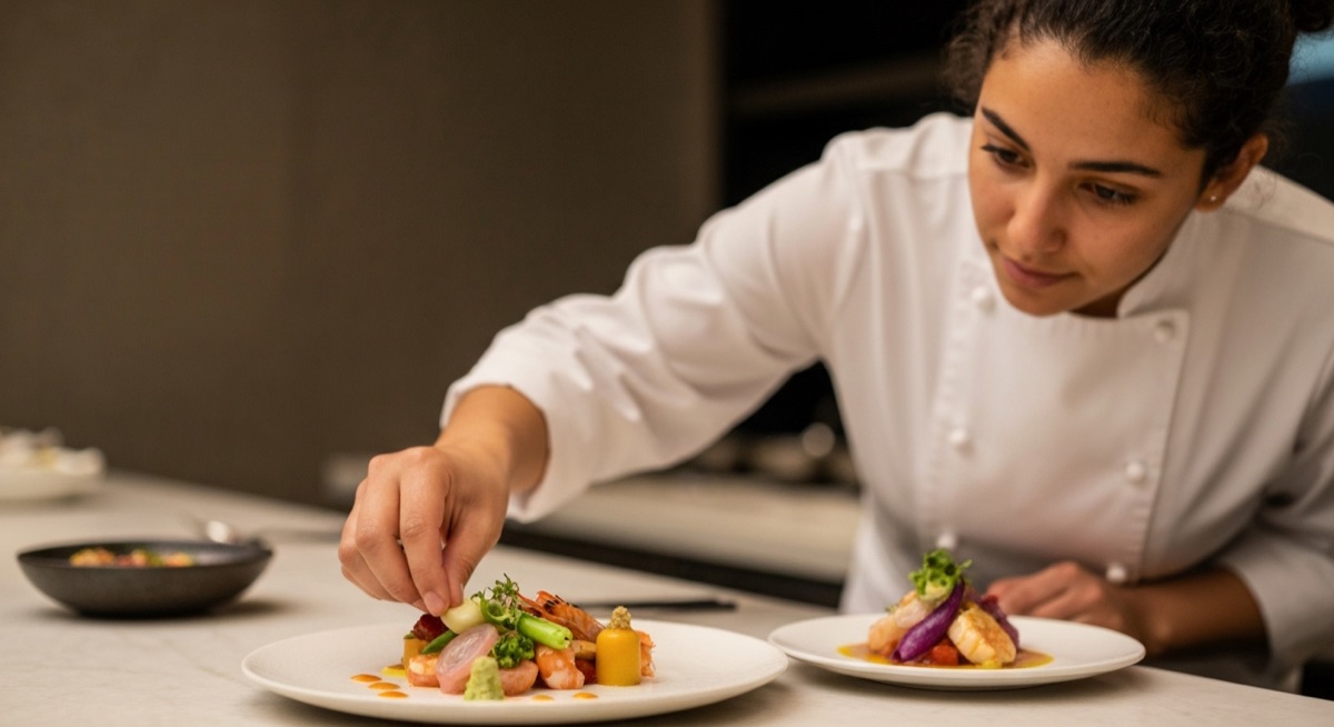 Chef plating tasting menu course at Orlando omakase counter restaurant
