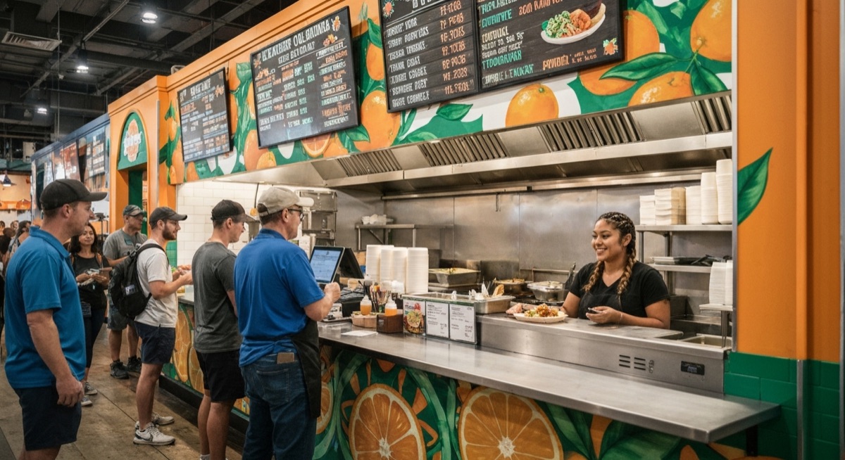 Interior of active food hall stall with customers ordering in Orlando