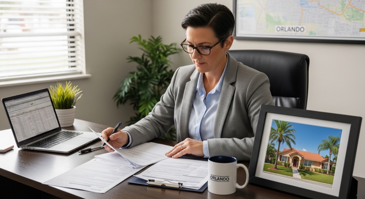 Insurance agent reviewing home policy documents at office desk with Orlando residential property details