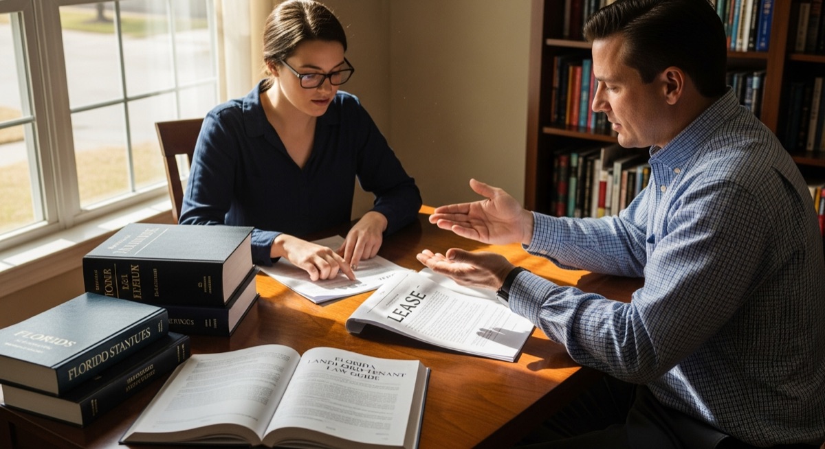 Tenant reviewing lease document with landlord-tenant law guide and Florida statute reference materials